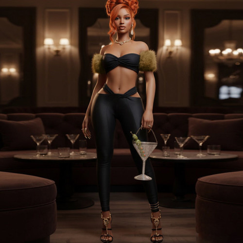 Mao collar patchwork strapless and exposed navel pants set