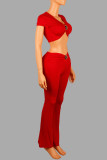 Low cut V-neck short sleeved T-shirt top with hardware waist and hips, long pants set