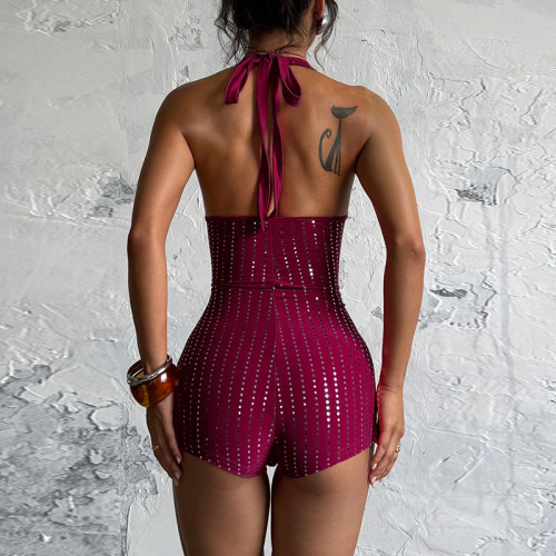 Broken diamond water diamond deep V jumpsuit women's clothing