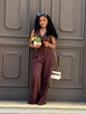 Backless top, pants, solid color set