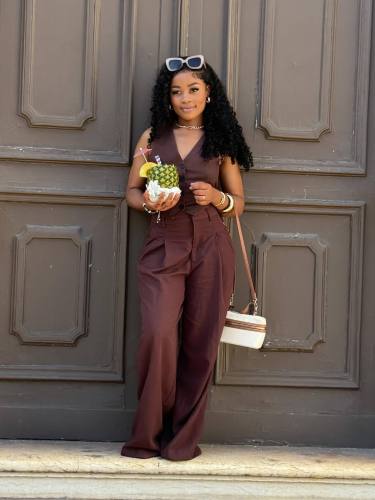 Backless top, pants, solid color set