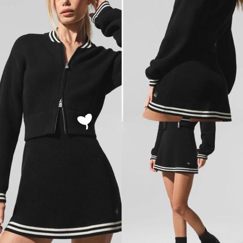 Color blocking border decoration baseball collar zipper knitted jacket skirt set