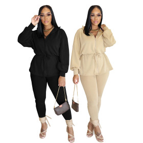 Collar drawstring jacket, elastic waist pants two-piece set