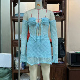 Chest hugging shoulder long sleeved strap irregular short skirt set