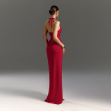 V-neck hanging neck high slit dress