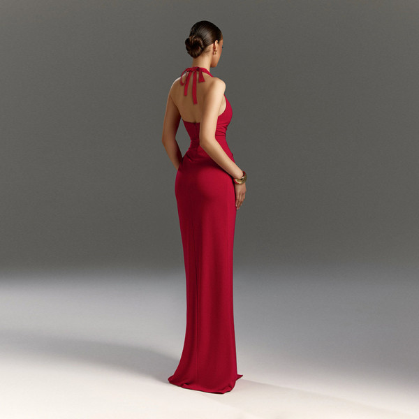 V-neck hanging neck high slit dress