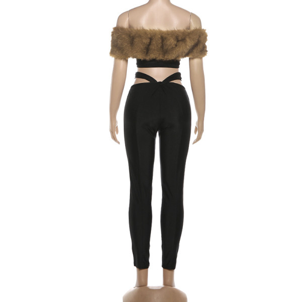 Mao collar patchwork strapless and exposed navel pants set