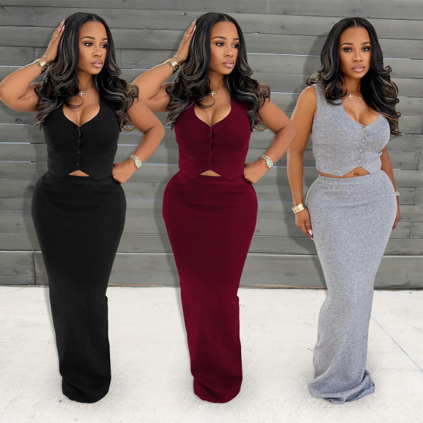 Solid Color Button-Up Top and Long Skirt Two-Piece Set