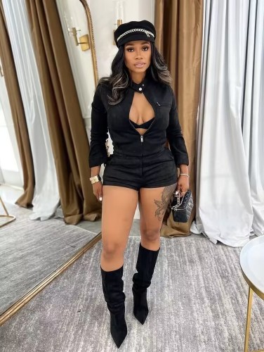 Long sleeved shorts elastic suede suit