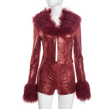 Python pattern hot stamping fur long sleeved top, tight shorts two-piece set