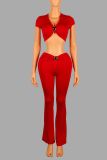 Low cut V-neck short sleeved T-shirt top with hardware waist and hips, long pants set