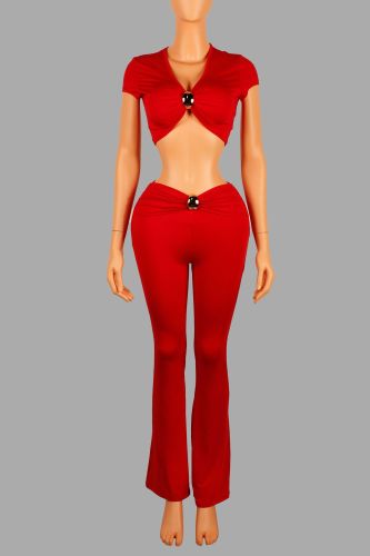 Low cut V-neck short sleeved T-shirt top with hardware waist and hips, long pants set