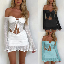 Chest hugging shoulder long sleeved strap irregular short skirt set