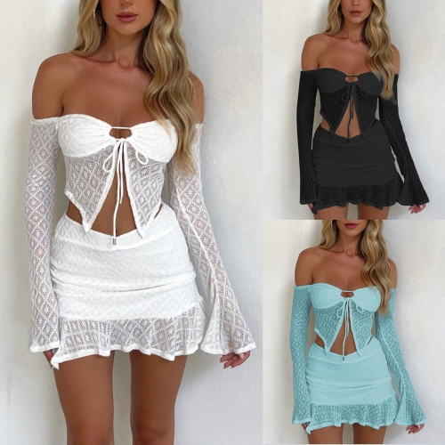 Chest hugging shoulder long sleeved strap irregular short skirt set