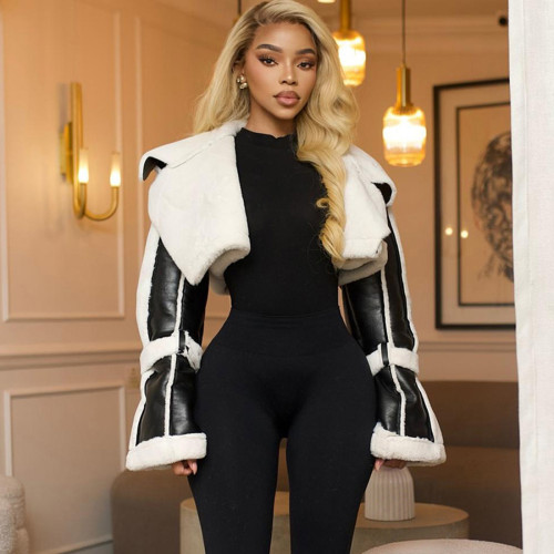 PU Leather Patchwork Fur-Trimmed Short Exposed Belly Coat K24C75271