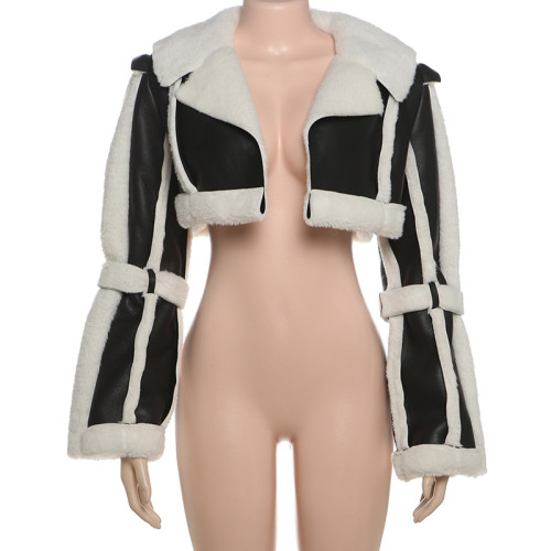PU Leather Patchwork Fur-Trimmed Short Exposed Belly Coat K24C75271