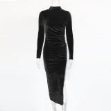 Elegant women's high neck long sleeved pleated slit dress ZJ6619