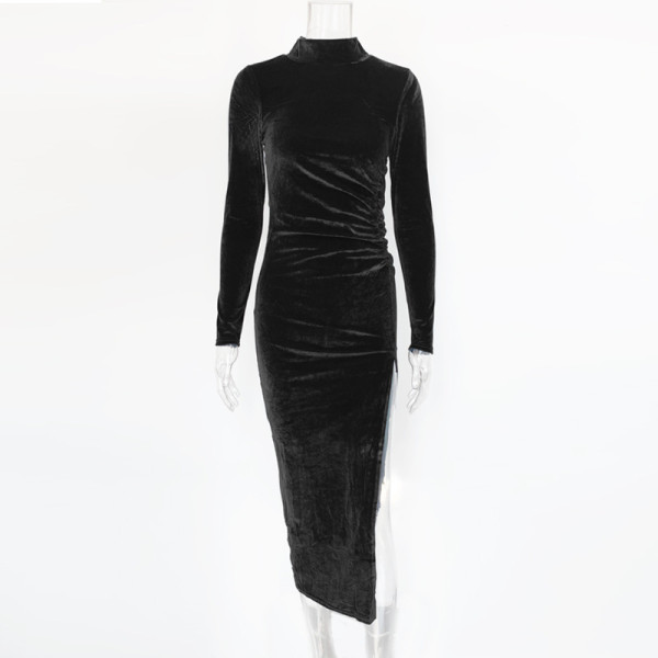 Elegant women's high neck long sleeved pleated slit dress ZJ6619