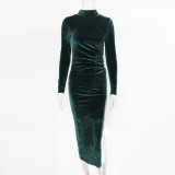 Elegant women's high neck long sleeved pleated slit dress ZJ6619