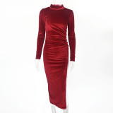 Elegant women's high neck long sleeved pleated slit dress ZJ6619