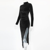 Elegant women's high neck long sleeved pleated slit dress ZJ6619