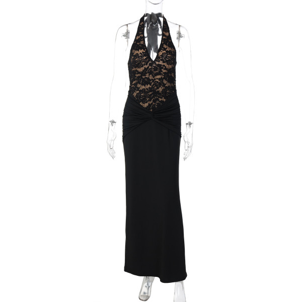Lace backless patchwork high waisted sleeveless hip hugging dress