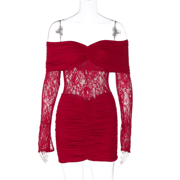 Strapless sleeveless patchwork lace see through pleated short dress with hip coverage
