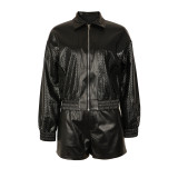 Knitted style lapel loose leather jacket and shorts set