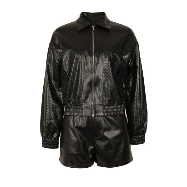 Knitted style lapel loose leather jacket and shorts set