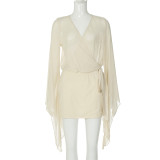 V-neck long sleeved bubble sleeve backless loose dress