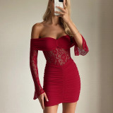 Strapless sleeveless patchwork lace see through pleated short dress with hip coverage