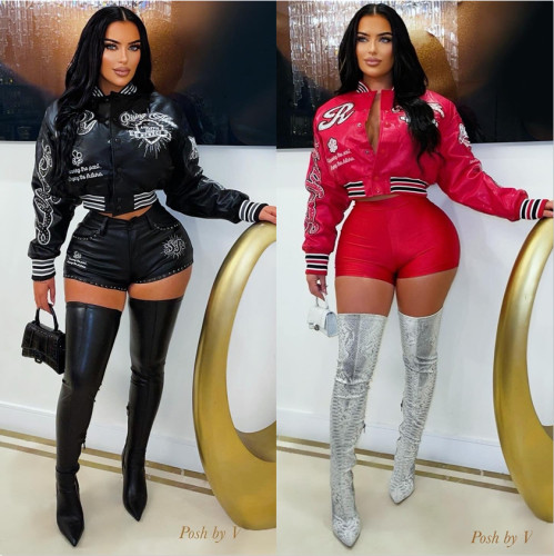 Double layer threaded PU leather+embroidered fashionable baseball uniform