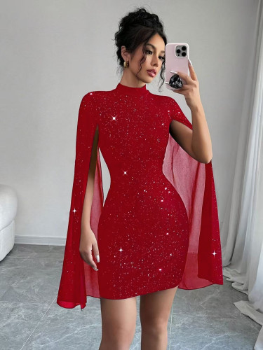Sparkling Printed High-Neck Lantern Sleeve Bodysuit Dress