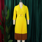 Suit collar pleated high waisted dress