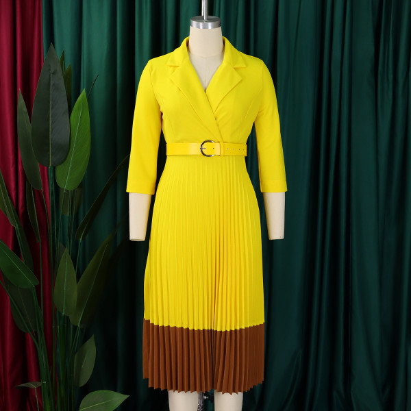 Suit collar pleated high waisted dress
