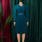 V-neck pleated high waisted dress