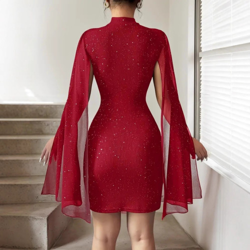 Round neck chiffon cape lantern sleeve groove strip hip hugging dress