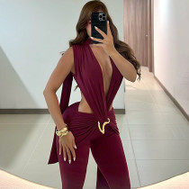 Sleeveless deep V low cut hollowed out high waisted hip hugging jumpsuit Sleeveless deep V low cut hollowed out high waisted hip hugging jumpsuit