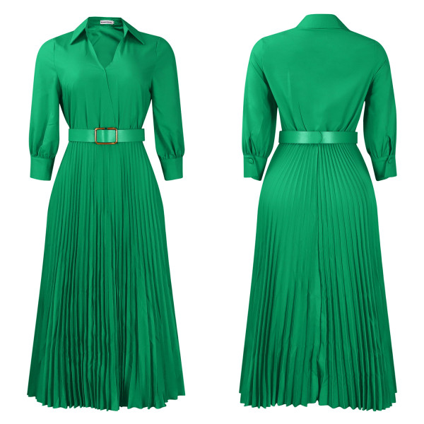 V-neck solid color long sleeved pleated dress with large skirt hem