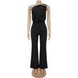 Slanted shoulder sleeveless hip hugging wide leg jumpsuit