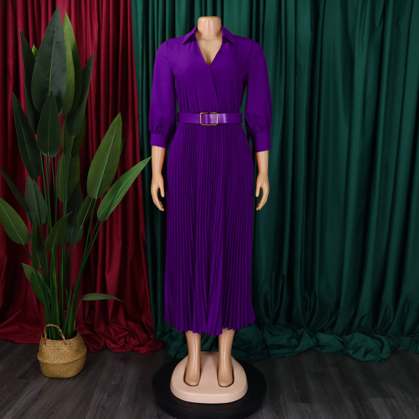 V-neck solid color long sleeved pleated dress with large skirt hem