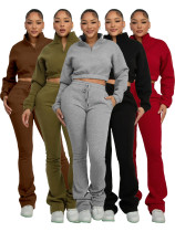 Two piece set of half zipper exposed navel and velvet sweatshirt with micro flared pants