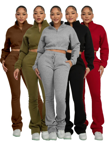 Two piece set of half zipper exposed navel and velvet sweatshirt with micro flared pants