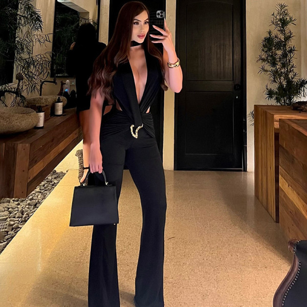 Sleeveless deep V low cut hollowed out high waisted hip hugging jumpsuit