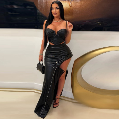 PU leather metal zipper high slit skirt