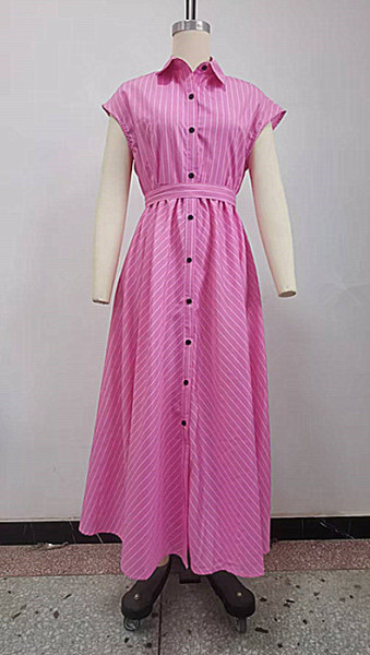 Striped MIDI shirt collar short sleeved waist cinched one breasted dress