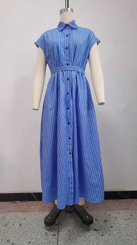 Striped MIDI shirt collar short sleeved waist cinched one breasted dress