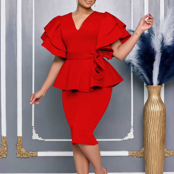 Lotus leaf edge solid color hip hugging dress