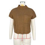 Solid color woolen pit stripe semi high neck raglan top sweater