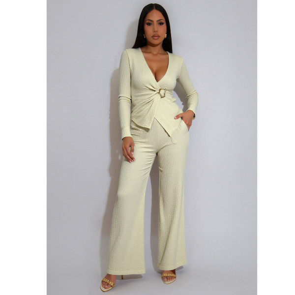 Elastic jacquard pleated V-neck waist buckle wide leg pants set